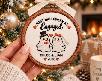 Personalized First Halloween Engaged embroidery Ornament, Custom Names Couple Keepsake Gift, Spooky Engagement Christmas Decor