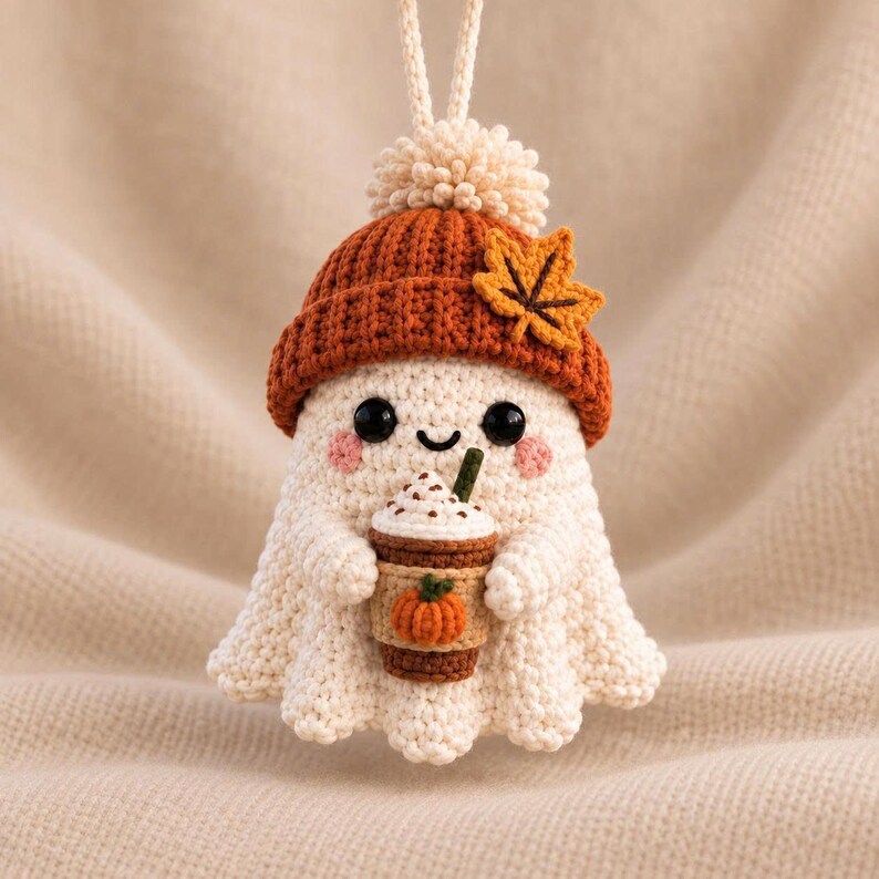 May include: A crocheted ghost ornament in off-white yarn, wearing a burnt orange beanie with a matching maple leaf accent and a pom-pom. The ghost has black bead eyes, pink cheeks, and holds a brown coffee cup with a pumpkin design and straw.