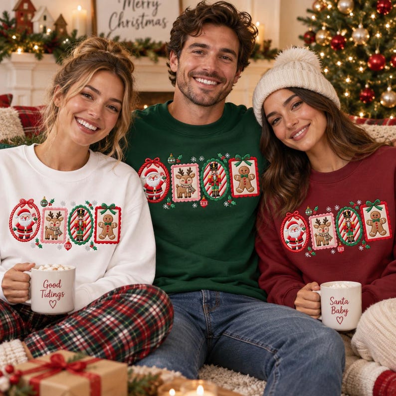 May include: Three people wearing matching crewneck sweatshirts in white, dark green, and maroon, each featuring an embroidered row of four festive frames containing a Santa, a reindeer, a nutcracker, and a gingerbread man with holly accents.