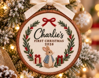 Personalized Bunny First Christmas Ornament, Custom Baby Name Embroidery Hoop, Baby First Christmas Ornament, Holiday Keepsake Gift