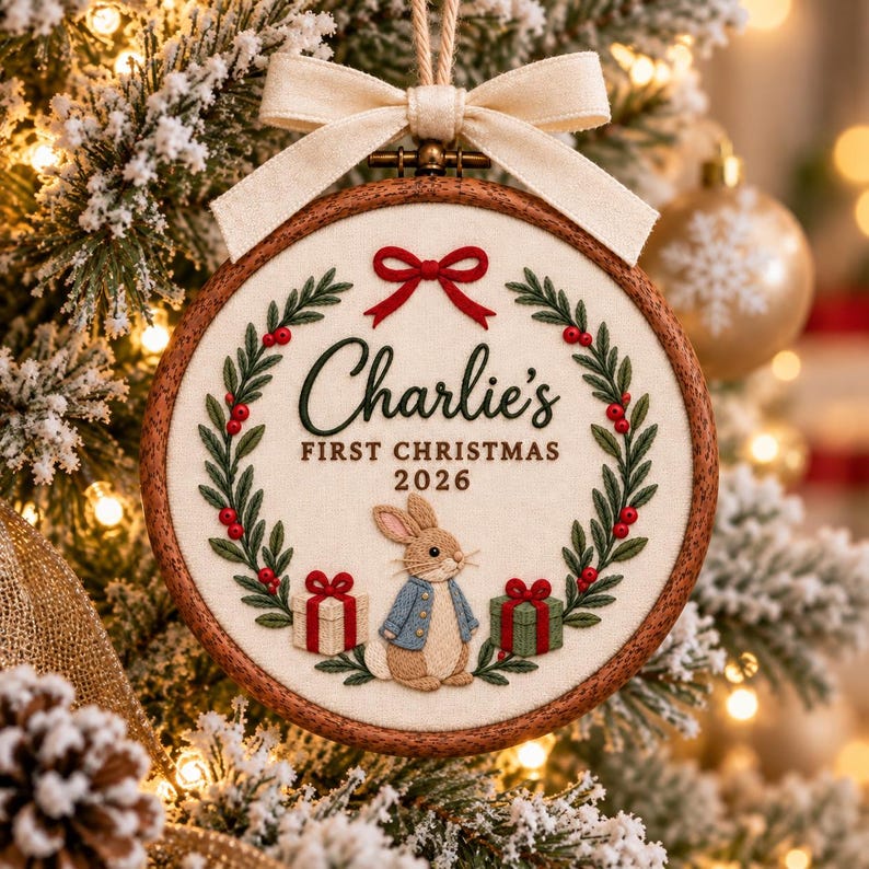 May include: A round wooden embroidery hoop ornament featuring a cream fabric centre with a green holly wreath, a red bow, and a brown rabbit wearing a blue jacket. The text reads Charlie's FIRST CHRISTMAS 2026, flanked by two gift boxes.