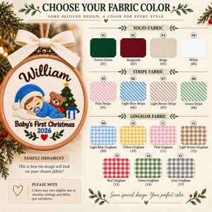 May include: A round wooden embroidery hoop ornament featuring a sleeping baby in a blue outfit with a teddy bear and Christmas tree, embroidered with the name William and the text Baby's First Christmas 2026, alongside a fabric color chart.