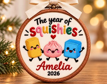 Personalized Squishy Christmas Ornament 2026: Custom Kids Name Embroidered Ornament, Viral Dumpling Squishy Gift, Year Of Squishy Hunting