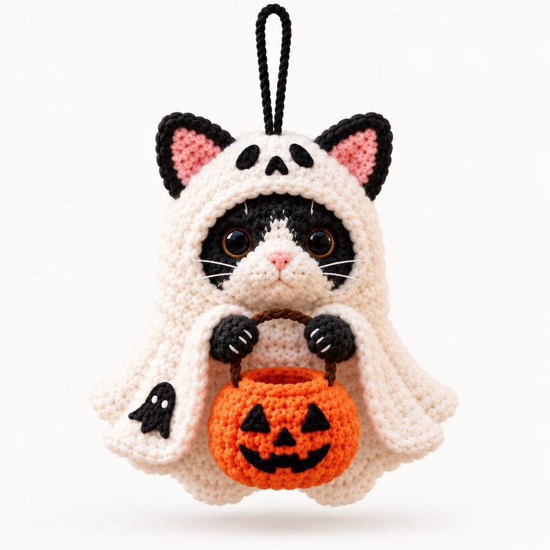 May include: A crocheted black and white cat ornament wearing a white ghost costume with a hood. The cat has large dark eyes, a pink nose, and holds a small orange crocheted pumpkin bucket with a black jack-o'-lantern face. A black loop is attached.