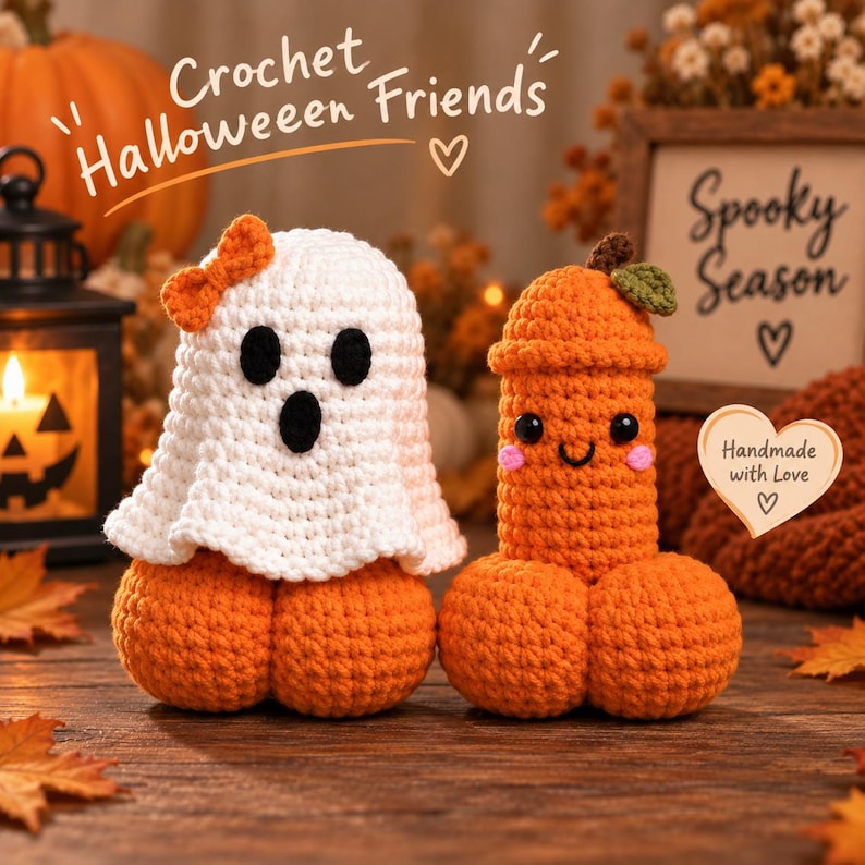 May include: Two crochet figures: a white ghost with a small orange bow sitting on an orange base, and an orange phallic-shaped figure with a green leaf on top, black eyes, and pink cheeks. Text reads Crochet Halloween Friends and Handmade with Love.