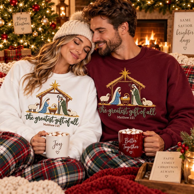 May include: A white sweatshirt and a maroon sweatshirt, both featuring a graphic of a nativity scene with a star, sheep, and the text 'the greatest gift of all Matthew 1:21'. Each sweatshirt is paired with red and green plaid pajama bottoms.