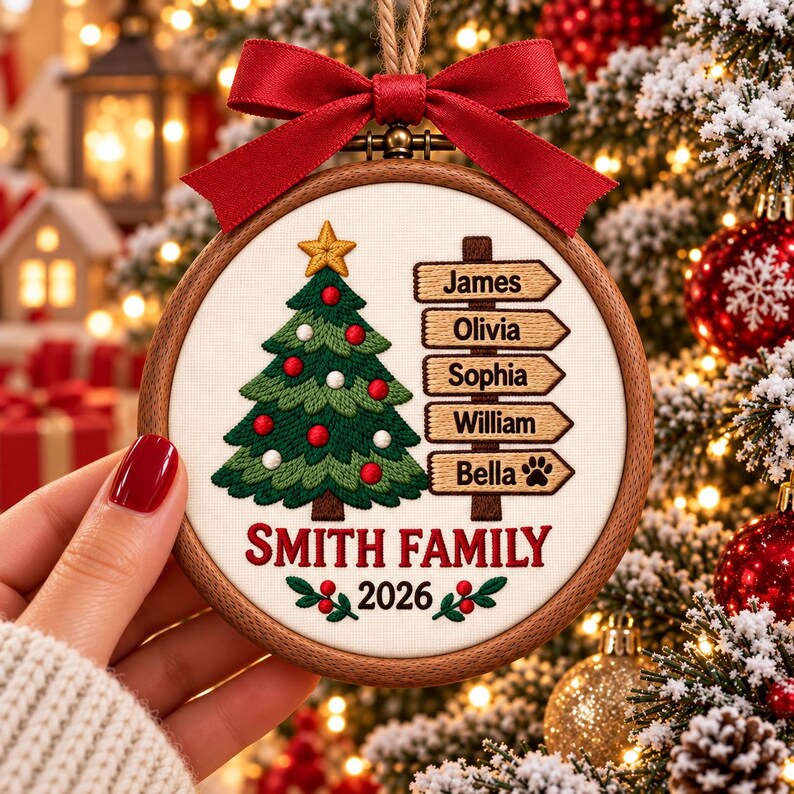 May include: A round wooden embroidery hoop ornament featuring a stitched green Christmas tree with a gold star, a signpost with the names James, Olivia, Sophia, William, and Bella, and the text Smith Family 2026 with a red ribbon bow on top.