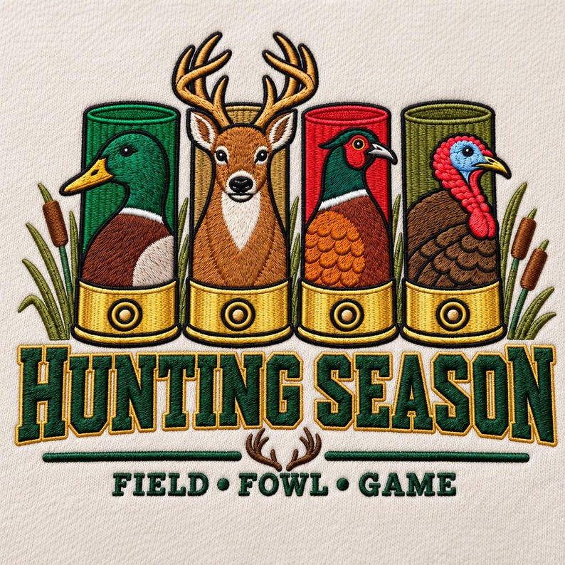 May include: An embroidered design featuring four shotgun shells containing a mallard, a deer, a pheasant, and a turkey. The text reads HUNTING SEASON and FIELD FOWL GAME. The design includes cattails and deer antlers on a light fabric background.