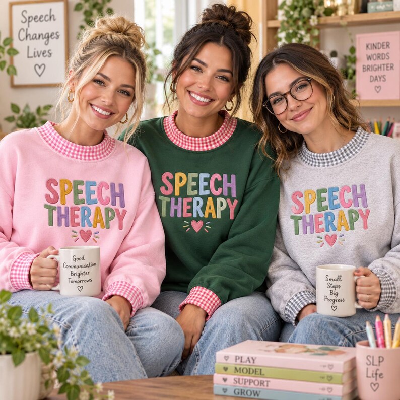 May include: Three sweatshirts featuring the embroidered text SPEECH THERAPY in colorful letters above a small heart. The pink sweatshirt has a pink gingham collar, the green has a pink gingham collar, and the gray has a gray gingham collar.