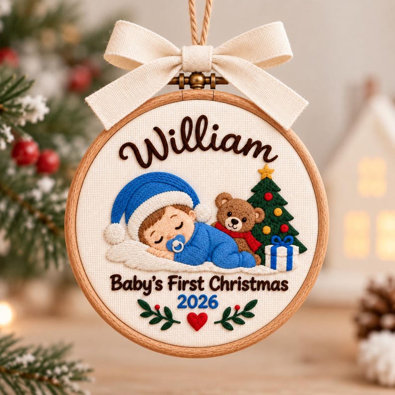 May include: A round wooden embroidery hoop ornament featuring a cream fabric background. It displays the name William, a sleeping baby in a blue hat and outfit with a pacifier, a teddy bear, a Christmas tree, and the text Baby's First Christmas 2026.