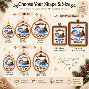 May include: A collection of personalized baby Christmas ornaments in circle, oval, and rectangular wooden frames. Each features an embroidered sleeping baby in a blue hat, a teddy bear, a Christmas tree, and the text William Baby's First Christmas 2026.
