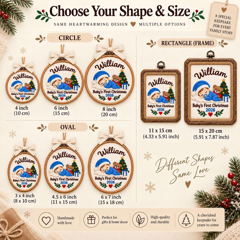 May include: A collection of personalized baby Christmas ornaments in circle, oval, and rectangular wooden frames. Each features an embroidered sleeping baby in a blue hat, a teddy bear, a Christmas tree, and the text William Baby's First Christmas 2026.