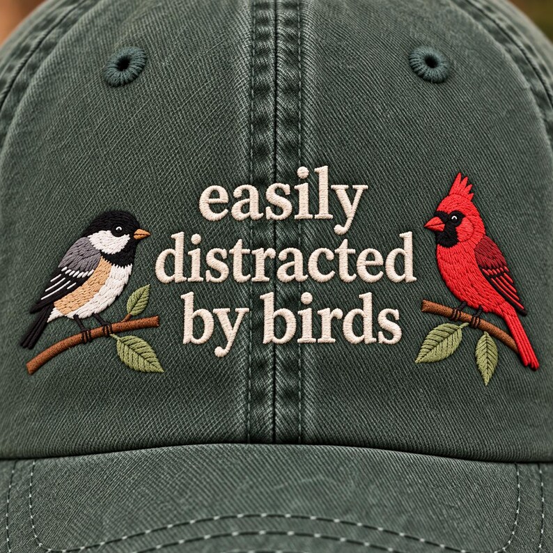 May include: A dark green baseball cap featuring embroidered text that reads "easily distracted by birds" in white. To the left, a black-capped chickadee sits on a brown branch, and to the right, a bright red cardinal sits on a brown branch.