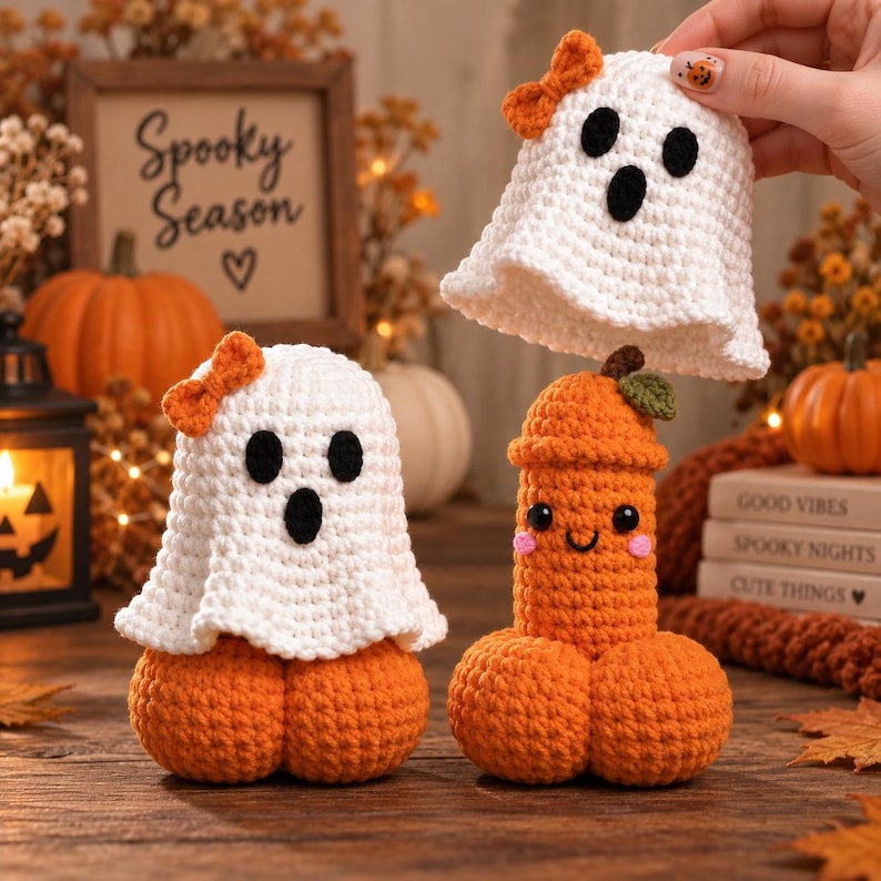 May include: Two crocheted figures featuring white ghost covers with orange bows over orange pumpkin bases. One ghost is held up, revealing an orange phallic-shaped character with a smiling face, black eyes, and pink cheeks underneath.
