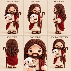 May include: A crochet amigurumi figure of a bearded person with long brown hair, wearing a cream-colored robe and a red cloak, holding a small white lamb and a brown staff. The image displays six different angles including front, side, and rear views.