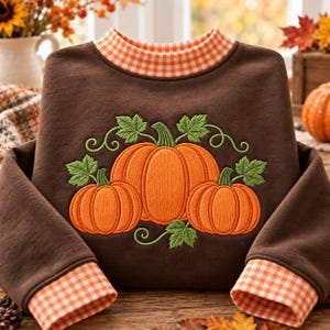 May include: A brown long-sleeve sweatshirt featuring an embroidered design of three orange pumpkins with green leaves and vines. The garment has a crew neckline and sleeve cuffs accented with an orange and white gingham check pattern.