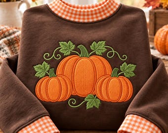 Orange Gingham Pumpkin Mockneck Sweatshirt, Embroidered Fall Trio Applique Pullover, Cozy Autumn Mock Neck Crewneck Thanksgiving Gift