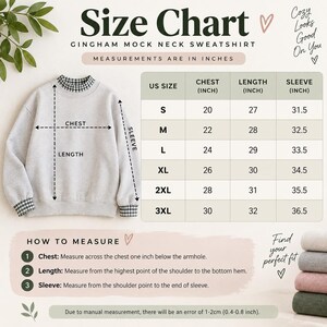 May include: A size chart for a light gray sweatshirt with a black and white gingham mock neck and cuffs. The chart displays chest, length, and sleeve measurements in inches for sizes S to 3XL, alongside instructions on how to measure the garment.