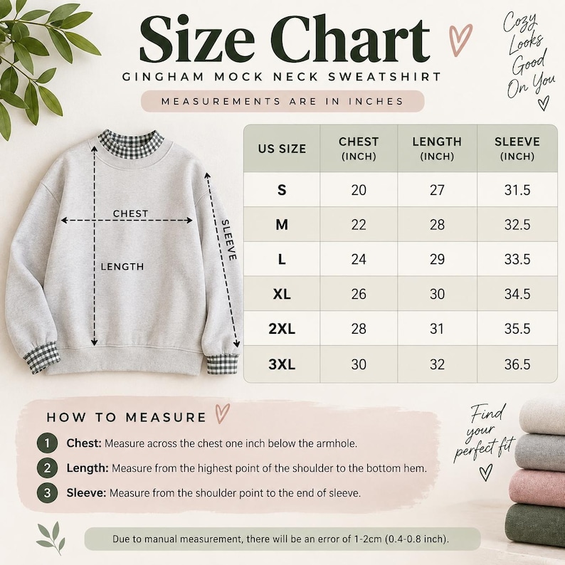 May include: A size chart for a light gray sweatshirt with a black and white gingham mock neck and cuffs. The chart displays chest, length, and sleeve measurements in inches for sizes S to 3XL, alongside instructions on how to measure the garment.