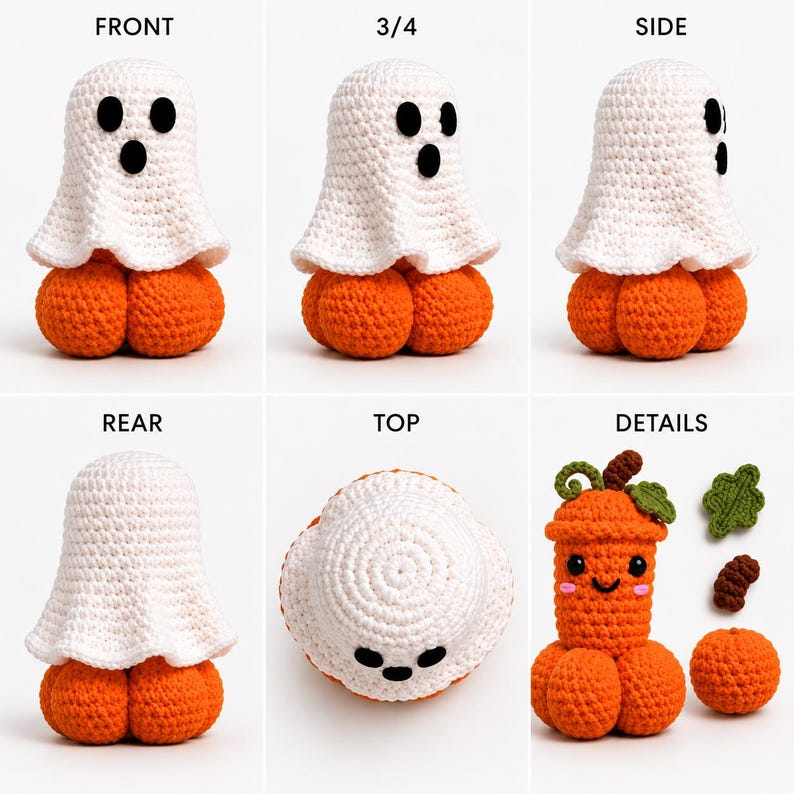 May include: A crochet amigurumi set featuring a white ghost figure sitting atop an orange pumpkin. The set includes multiple views: front, 3/4, side, rear, and top. Additional components include a separate orange pumpkin, a brown stem, and a green leaf.