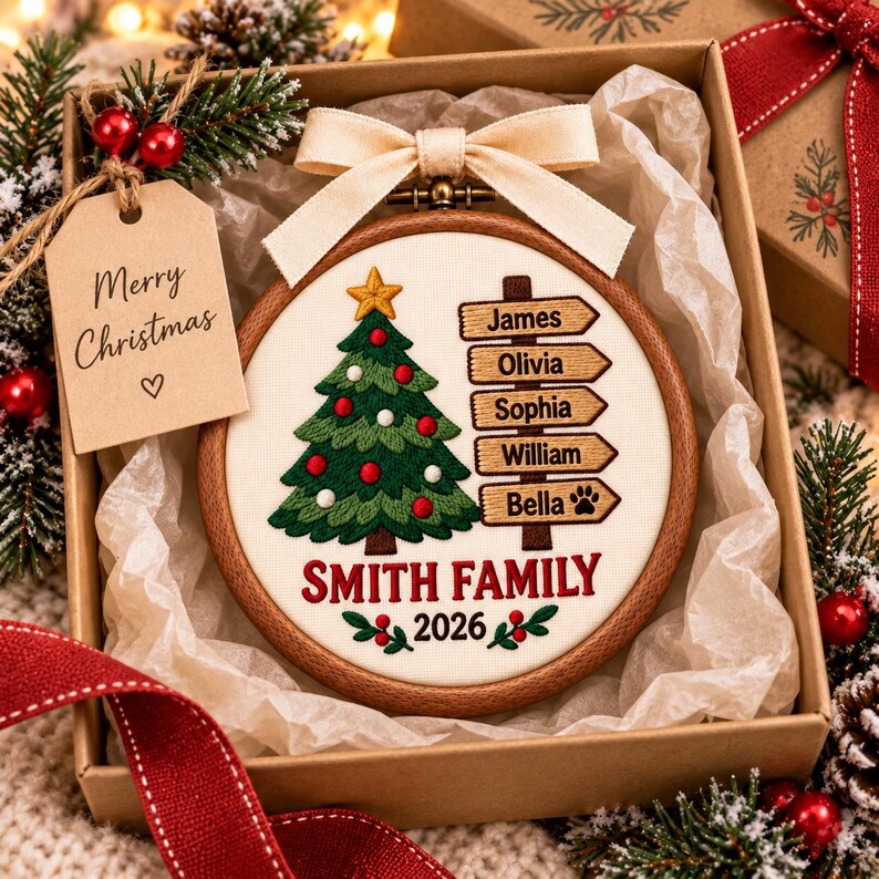 May include: A round wooden embroidery hoop ornament featuring a stitched green Christmas tree with red and white ornaments, a yellow star, and a signpost with the names James, Olivia, Sophia, William, and Bella. Text reads Smith Family 2026.