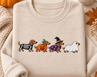 Halloween Dachshund Embroidered Shirt, Spooky Season Doxie Ghost Tee, Cute Wiener Dog Halloween Costume Gift, Dog Mom Sweatshirt