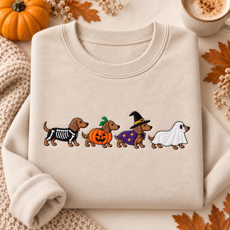 May include: A beige crewneck sweatshirt featuring an embroidered design of four brown dachshunds in Halloween costumes. The dogs are dressed as a skeleton, a pumpkin, a witch with a purple star-patterned cape, and a white ghost sheet.