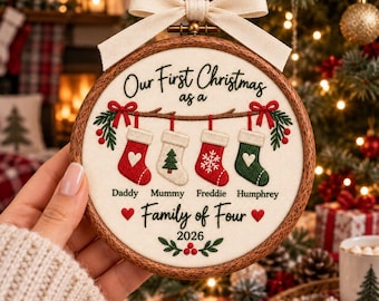Personalized Family Names Christmas Embroidered Ornament: Family of 4 Ornament, 1st Xmas Ornament 2026, First Christmas Gift