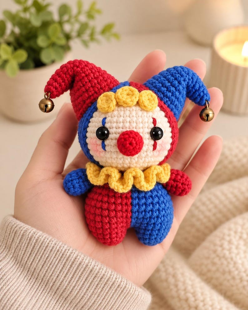 May include: A small crochet clown doll featuring a red and blue jester hat with two small metal bells at the tips. The doll has a cream-colored face, a red nose, black eyes, blue tear-drop markings, yellow hair curls, and a yellow ruffled collar.