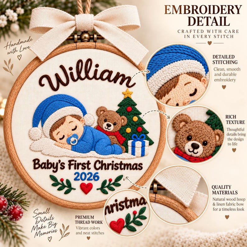 May include: A round wooden embroidery hoop featuring a hand-stitched design of a baby in a blue hat and sleeper, a teddy bear, a Christmas tree, and a gift. The text reads William, Baby's First Christmas, and 2026, topped with a beige fabric bow.