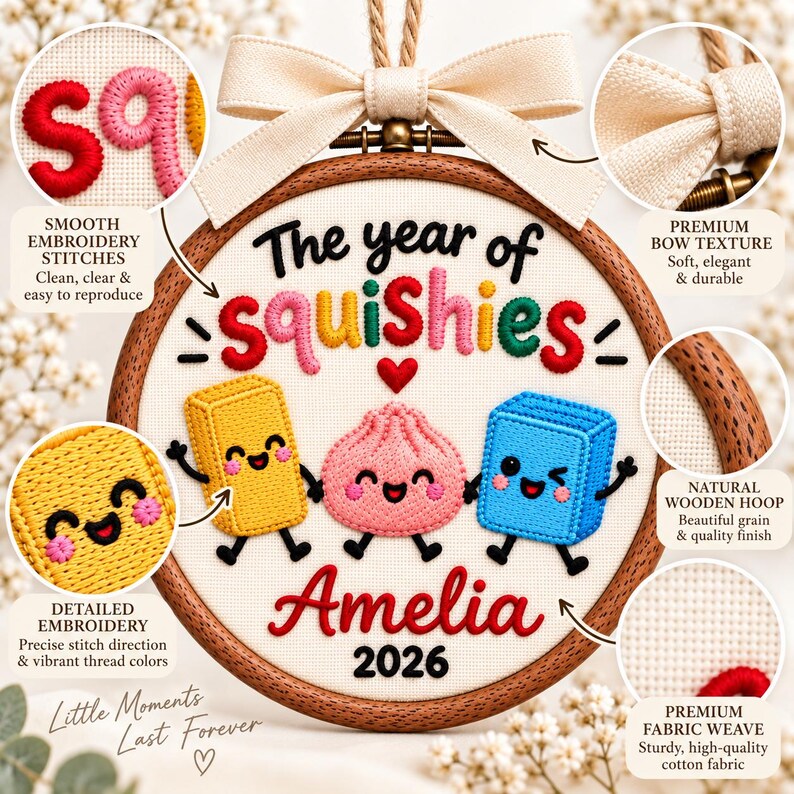 May include: A circular wooden embroidery hoop featuring the text The year of squishies and Amelia 2026. The design includes three colorful embroidered characters: a yellow rectangle, a pink dumpling, and a blue cube, all with faces.