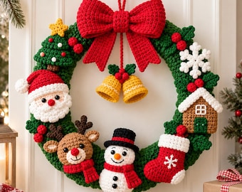 Crochet Christmas Wreath with Santa, Snowman, Reindeer, Handmade Crochet Xmas Door Hanger, Festive Holiday Welcome Sign,Home Decor Gift 2026