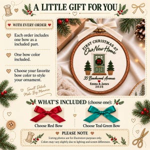 May include: A round wooden embroidery hoop ornament featuring white fabric with embroidered text First Christmas at Our New Home, a green front door with a wreath, two small pine trees, an address, names Emma & James, and the year 2026.