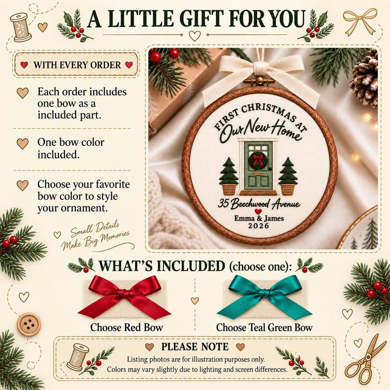 May include: A round wooden embroidery hoop ornament featuring white fabric with embroidered text First Christmas at Our New Home, a green front door with a wreath, two small pine trees, an address, names Emma & James, and the year 2026.