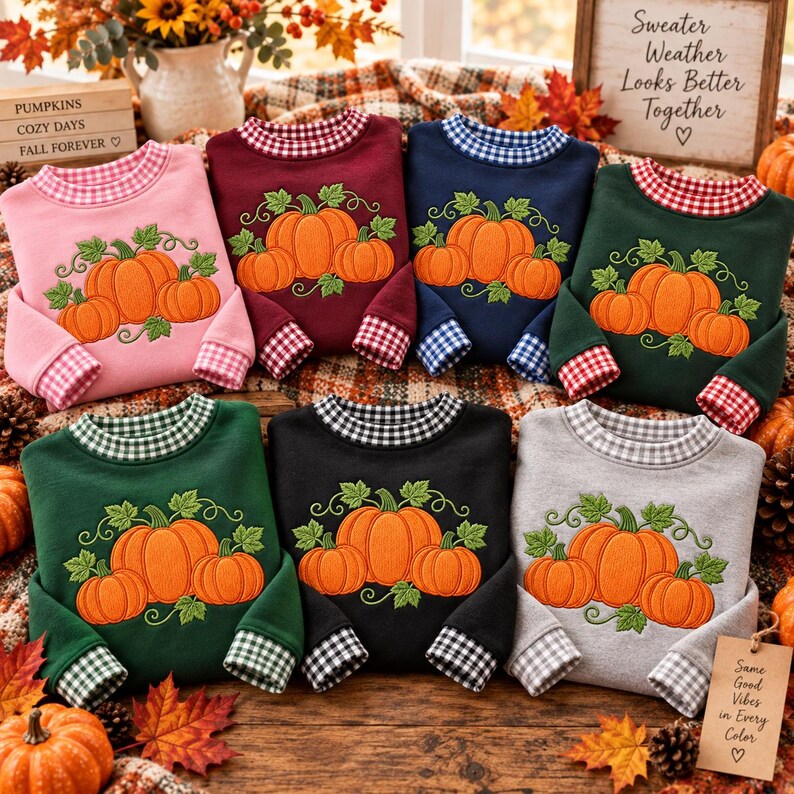 May include: A collection of seven long-sleeve sweatshirts in pink, maroon, navy blue, dark green, forest green, black, and gray. Each sweatshirt features a central embroidered pumpkin patch design and a gingham-patterned collar and sleeve cuffs.