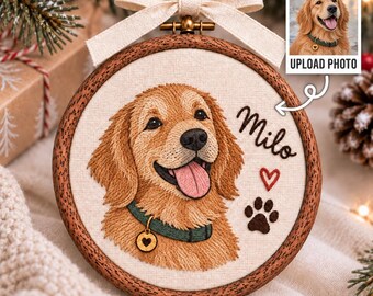 Personalized Embroidered Pet Portrait Ornament, Custom Dog Christmas Gift, Dog Cat Photo Ornament, Dog Lover Gift, Cat Mom Gift