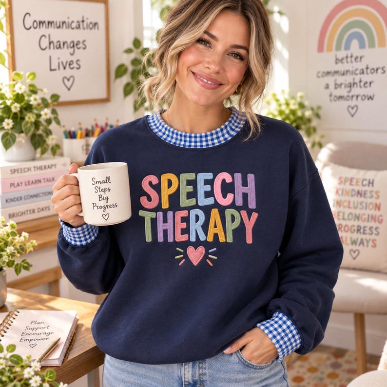 May include: A navy blue crewneck sweatshirt with a blue and white gingham collar and cuffs. The front features the text "SPEECH THERAPY" in colorful, embroidered letters above a small pink heart. A white mug displays "Small Steps Big Progress".