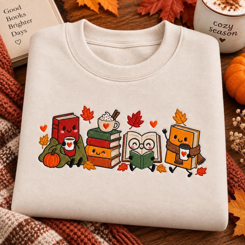 May include: A cream-colored crewneck sweatshirt featuring a colorful embroidered graphic of anthropomorphic books. The design includes books with faces, a stack of books topped with a mug, autumn leaves, and small hearts on a light fabric.