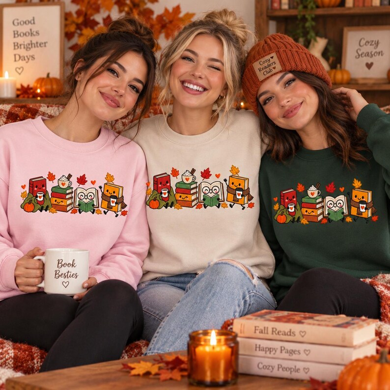 May include: Three crewneck sweatshirts in light pink, beige, and dark green, each featuring a graphic of anthropomorphic books and a coffee mug surrounded by autumn leaves. The pink sweatshirt is paired with a white mug labeled Book Besties.