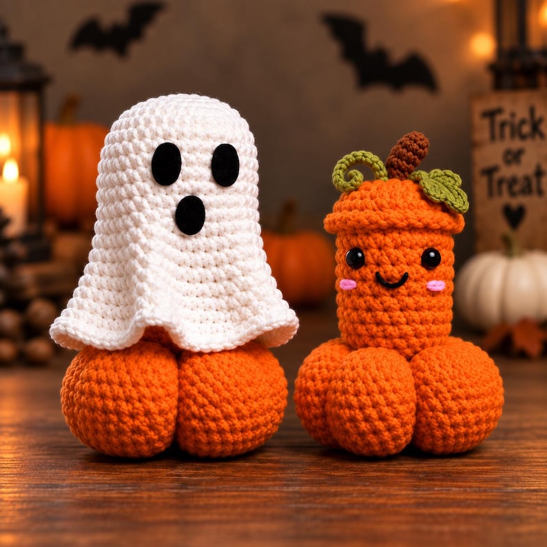 May include: Two handmade crochet figures. One is a white ghost with black oval eyes and a mouth sitting on an orange pumpkin base. The other is an orange pumpkin with a green stem and leaf, black eyes, a small smile, and pink cheeks.