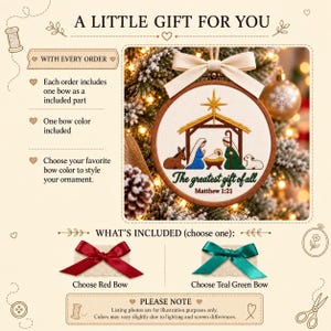 May include: A round wooden embroidery hoop ornament featuring a nativity scene with a gold star, a manger, and figures in blue and green robes. The text reads The greatest gift of all and Matthew 1:21. Includes a cream ribbon bow and two color options.