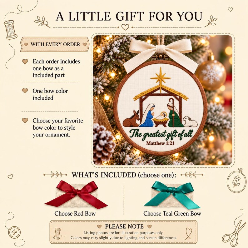 May include: A round wooden embroidery hoop ornament featuring a nativity scene with a gold star, a manger, and figures in blue and green robes. The text reads The greatest gift of all and Matthew 1:21. Includes a cream ribbon bow and two color options.