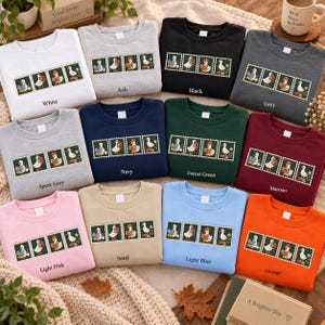 May include: A collection of eleven crewneck sweatshirts in various colors including white, ash, black, grey, sport grey, navy, forest green, maroon, light pink, sand, light blue, and orange, each featuring a graphic of four duck postage stamps.