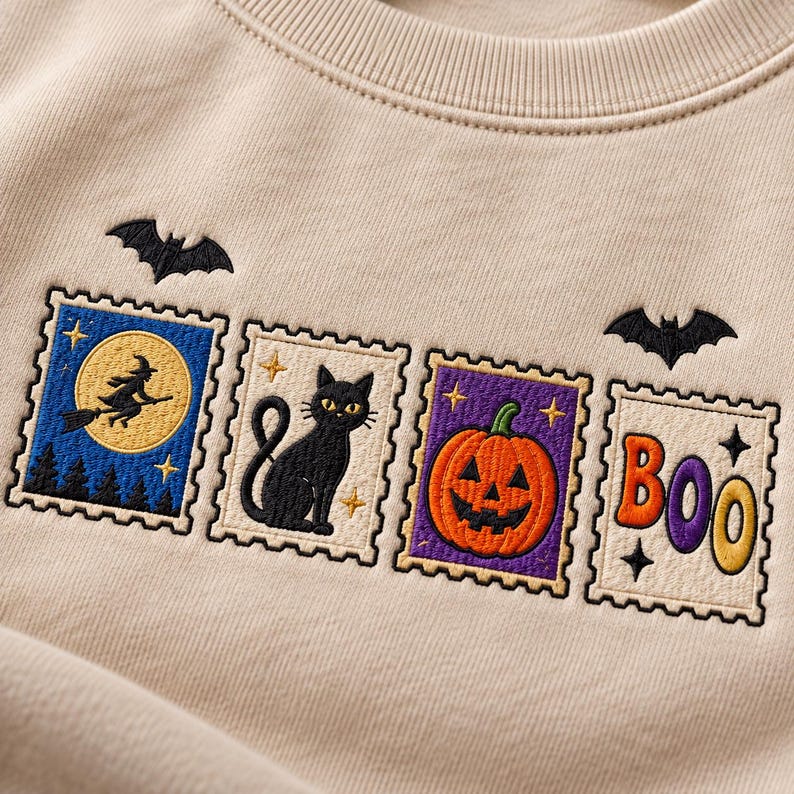 May include: A beige sweatshirt featuring embroidered designs of four rectangular postage stamps. The stamps depict a witch on a broomstick, a black cat, a jack-o'-lantern, and the word BOO in colorful letters, accented by two black bats.