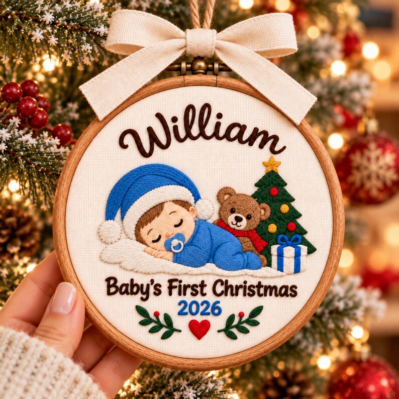 May include: A round wooden embroidery hoop ornament featuring a cream fabric background with a beige ribbon bow at the top. The embroidery depicts a sleeping baby in a blue outfit and hat, a brown teddy bear, a Christmas tree, and a gift box. Text reads William, Baby's First Christmas, and 2026, with green leaves and a red heart.