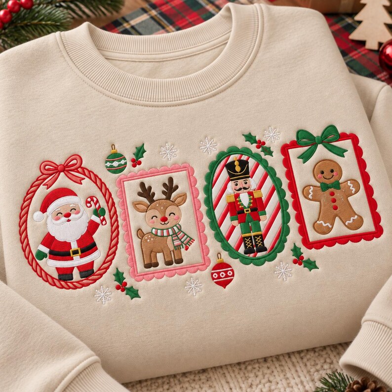 May include: A beige crewneck sweatshirt featuring embroidered Christmas motifs arranged in four distinct frames. The designs include Santa Claus, a reindeer, a nutcracker, and a gingerbread man, accented with small holly leaves and snowflakes.