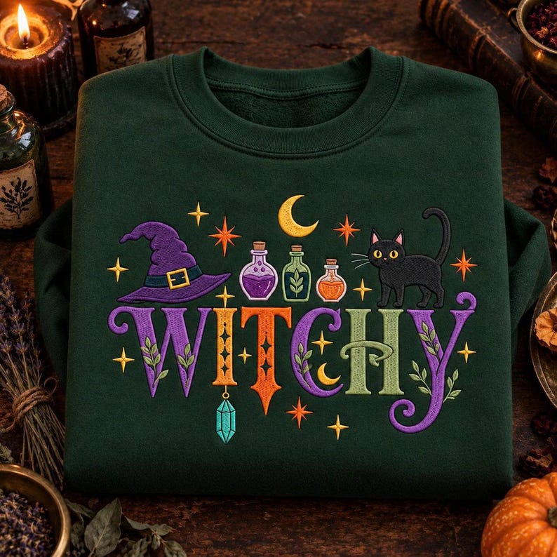 May include: A dark green sweatshirt featuring an embroidered design with the word WITCHY in large, colorful letters. The graphic includes a purple witch hat, three small potion bottles, a crescent moon, stars, and a black cat with yellow eyes.