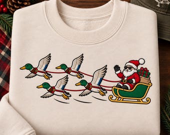 Santa Duck Sleigh Embroidered Sweatshirt, Funny Duck Hunting Christmas Mallard Crewneck Tee, Comfort Colors Holiday Shirt
