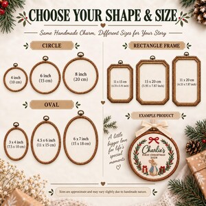 May include: A size guide for embroidery hoops featuring circle, oval, and rectangle frame options with dimensions in inches and centimetres. Includes an example product showing a circular hoop with a rabbit illustration and the text Charlie's First Christmas 2026.