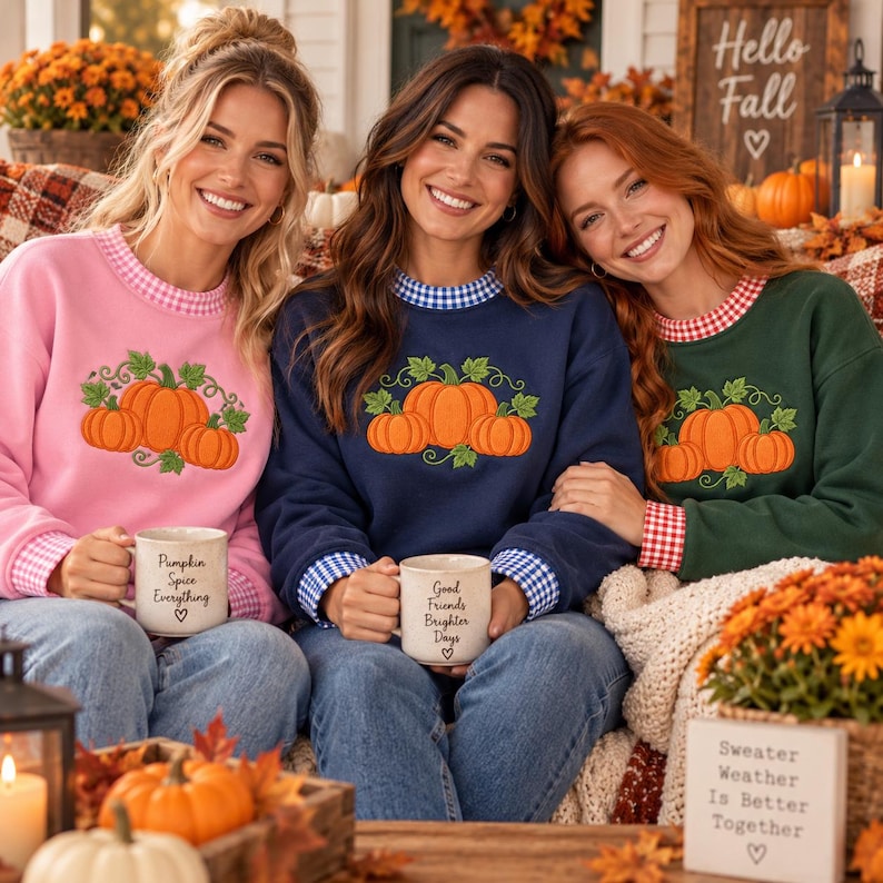 May include: Three crewneck sweatshirts in pink, navy blue, and dark green, each featuring an embroidered pumpkin graphic and a gingham collar and cuff trim. Each sweatshirt is paired with a ceramic mug with printed text, including Pumpkin Spice Everything, Good Friends Brighter Days, and Sweater Weather Is Better Together.